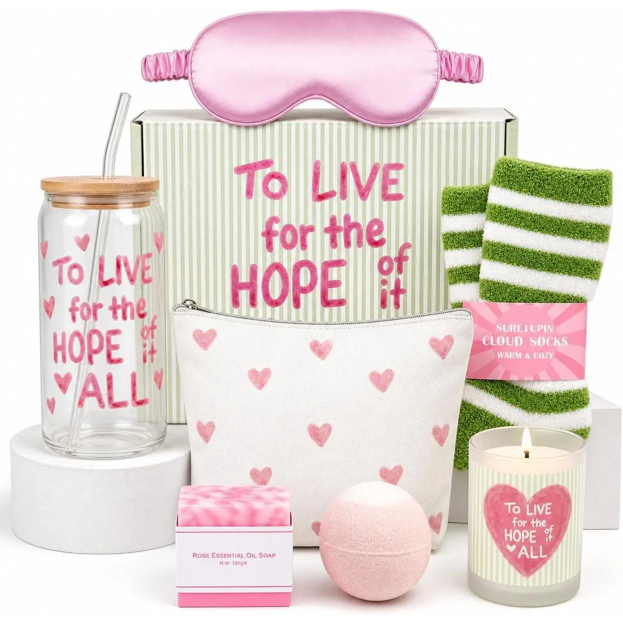 9 Pcs for Teen Girls, Green Gift Basket for| Heart Cup Self Care Gift Box for Sister Best Friend Daughter Mom