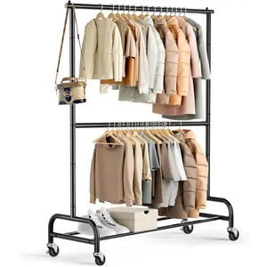 Heavy Duty Clothing Racks for Hanging Clothes Rack Double Rod Garment Rack Rolling Closet Wardrobe Rack on Wheels, Metal, Adjustable, Black
