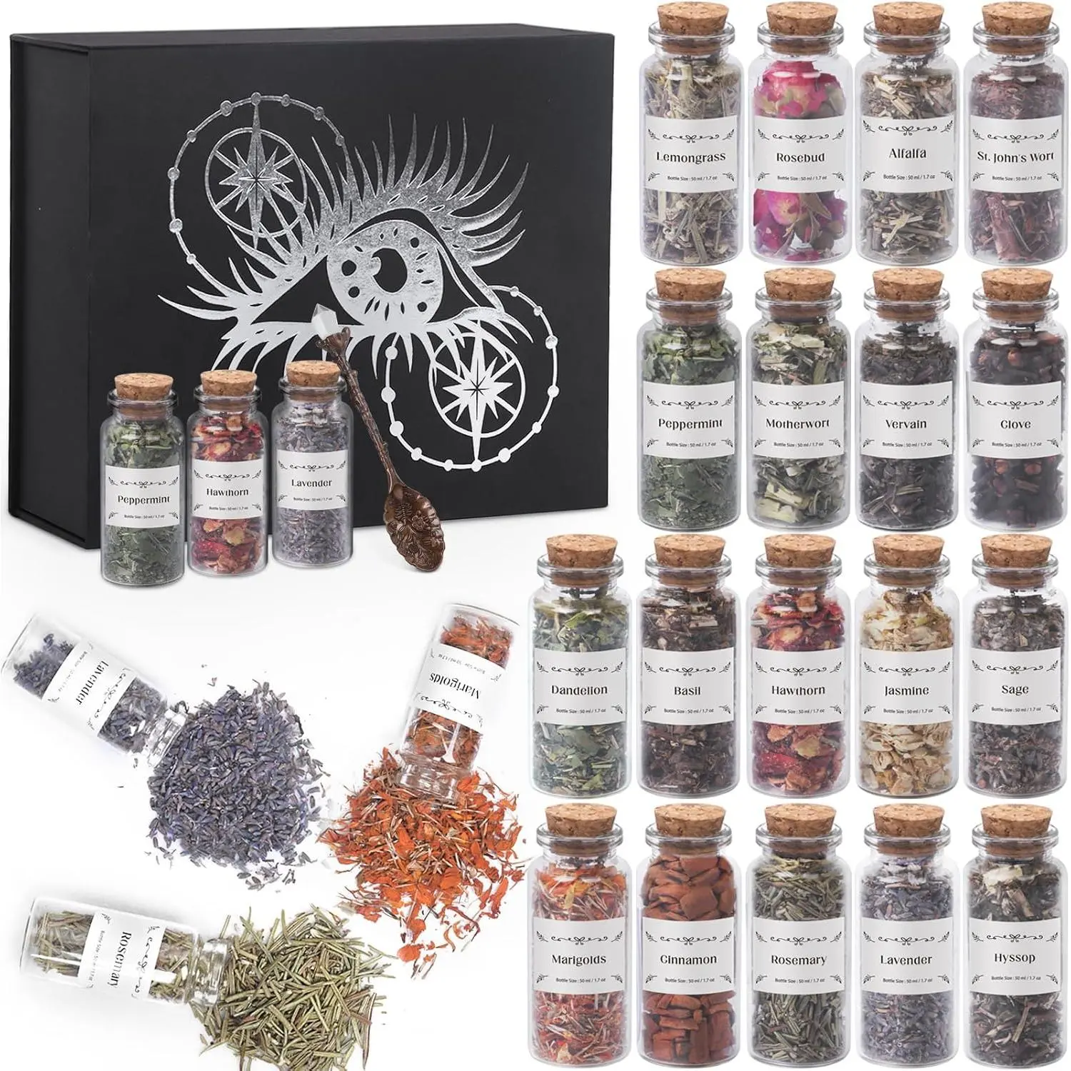 Witchcraft Supplies Herbs and Flowers Kit, Bigger Size 18pack Dried Herb for Witchy Beginners, Witchcraft Altar Supplies and Decor, Cinnamon Vervain Spiritual Herb for Witchy Gifts for Women