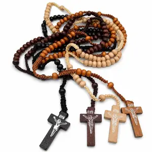 Wooden Rosary Beads Necklace, Handmade Catholic Prayer Crucifix Cross Pendant for Men Women