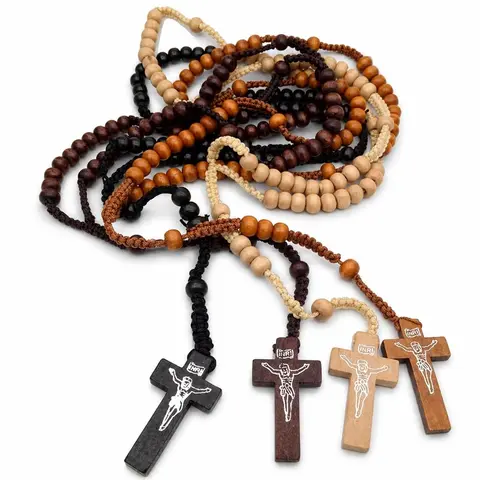 Handmade Wooden Beaded Cross Necklace - Catholic Faith Unisex Spiritual Pendant, 0.28x0.31in/7x8mm Beads, 1.65x0.94in/4.2x2.4cm Crucifix Necklaces