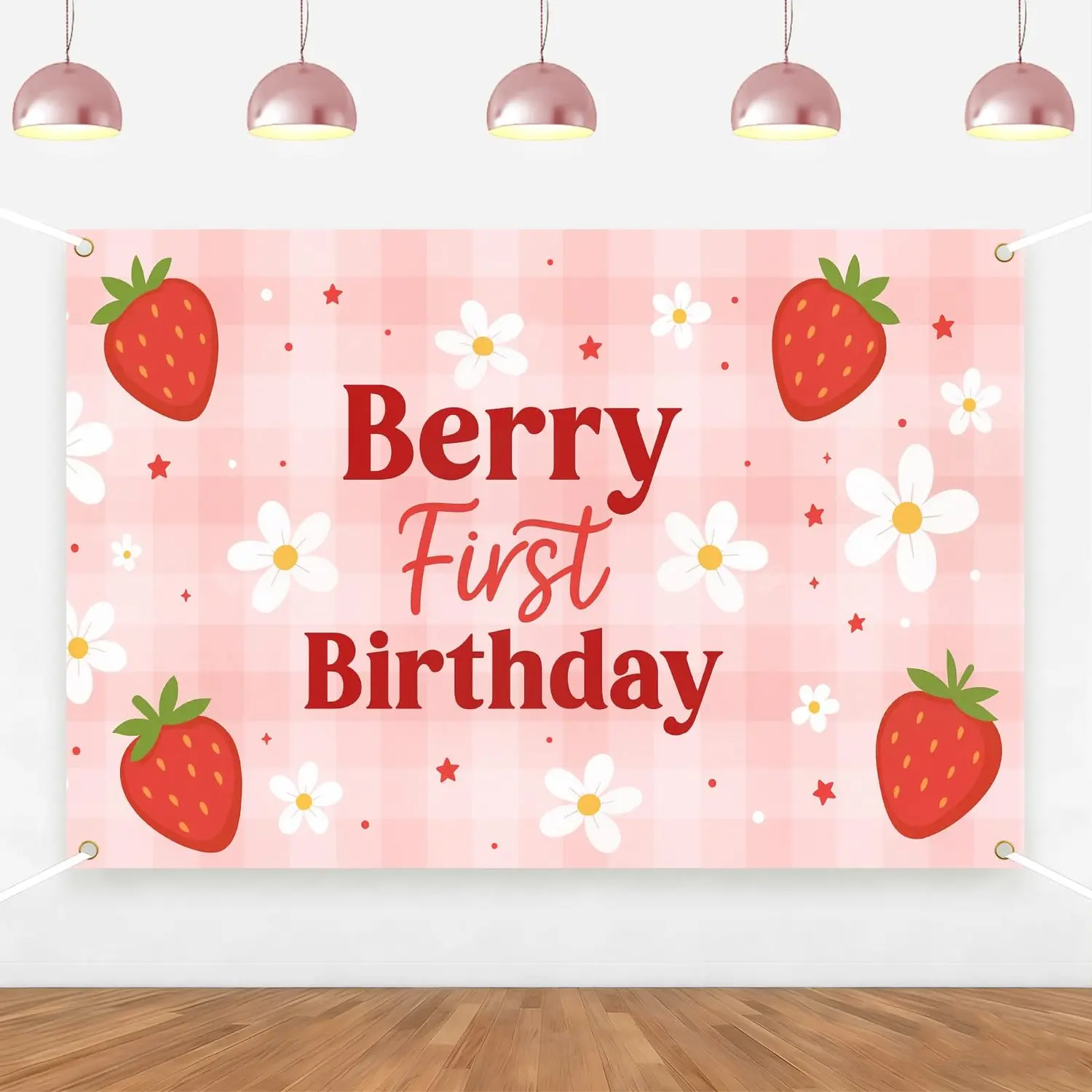 1Set Berry First Birthday Backdrop Strawberry Daisy Party Decorations Pink Gingham Daisy First Birthday Backdrop for Baby Girl Floral Berry Sweet One Bday Party Supplies Photo Props 5  3ft