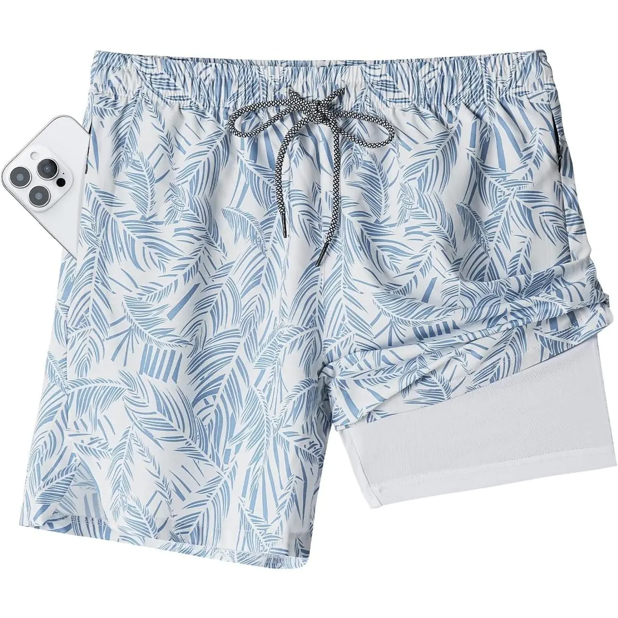 2 in 1 Mens 5" Swim Trunks with Compression Liner Bathing Suit Stretch Quick Dry Board Shorts Zipper Pockets