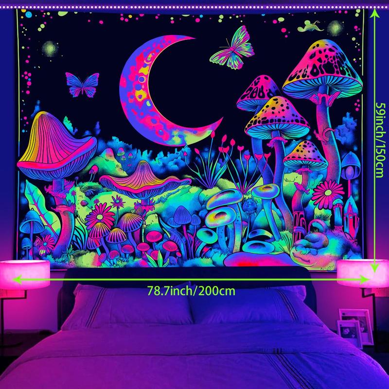 Mushroom & Moon & Butterfly Pattern Tapestry, 1 Count UV Reactive Fluorescent Durable Decorative Tapestry, Neon Light Effect Wall Hanging Blanket for Home, Multicolor Decoration Items, Home Goods, Tapestry Wall Mural Mushroom & Moon & Butterfly Pattern Tapestry, 1 Count UV Reactive Fluorescent Durable Decorative Tapestry, Neon Light Effect Wall Hanging Blanket for Home, Multicolor Decoration Items, Home Goods, Tapestry Wall Mural