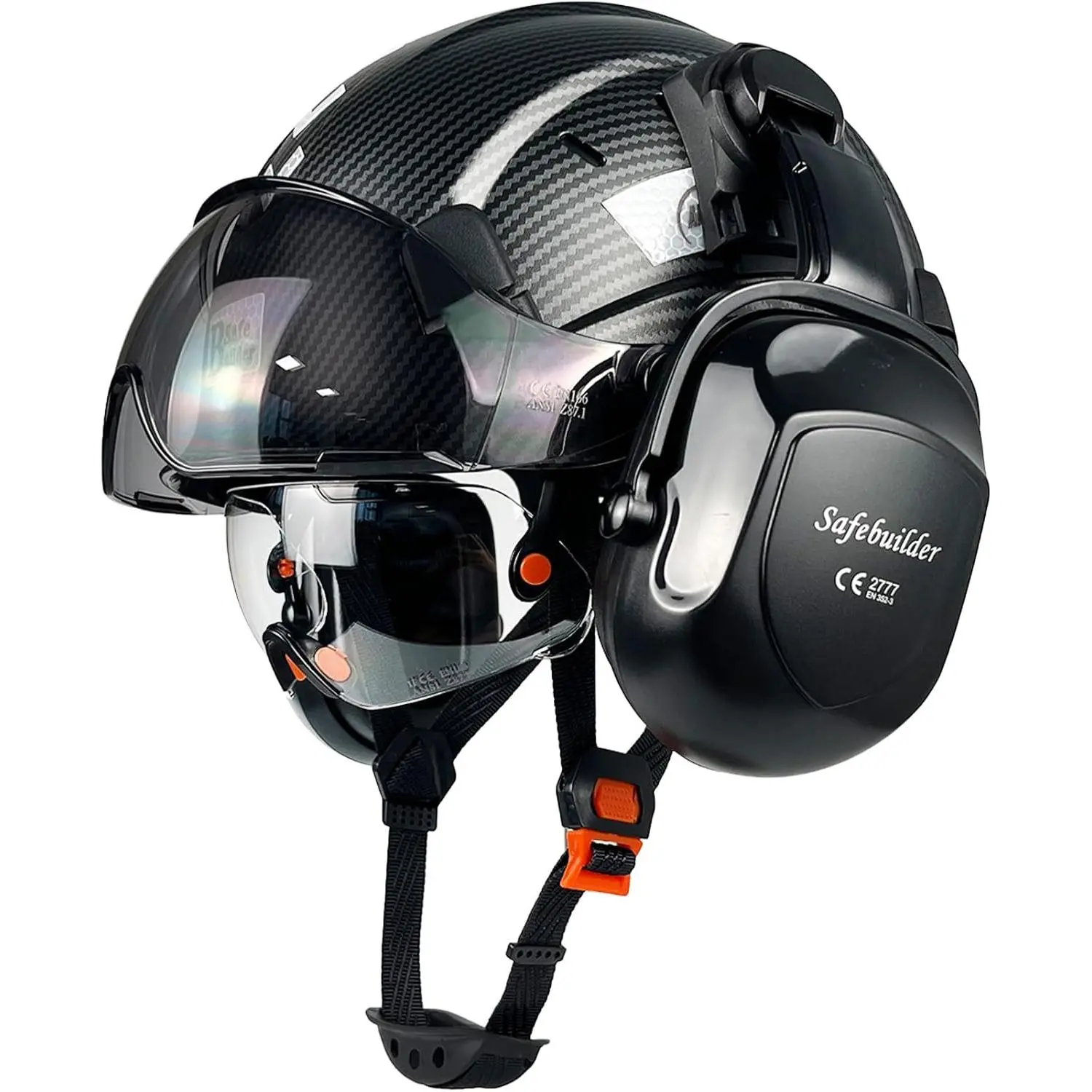 Sturdy Hard Hat for Adults, Vented Polycarbonate Lenses (Clear+Tinted) Dual Visor, Shockproof ABS Shell, Custom Fit Adjustable 53-63cm Headgear with Goggles & Ear Covers, All Seasons Work Use