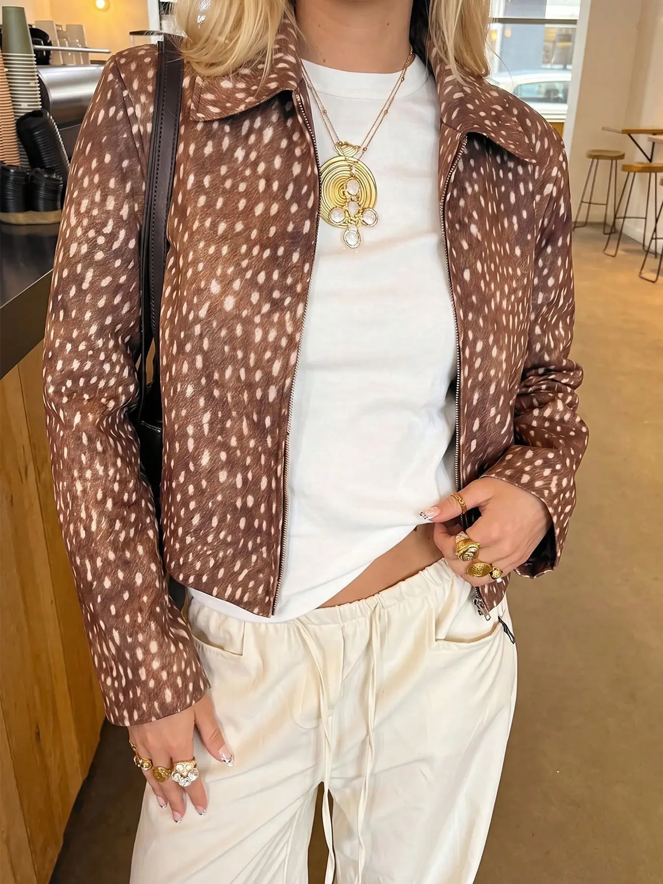 Women's Marled Deer Pattern Short Jacket, Autumn Retro Stand Collar Zipper Coat, Unique Spot Print Slim Fit Top, Casual Long Polo Shirt, Collared Zipper Jacket