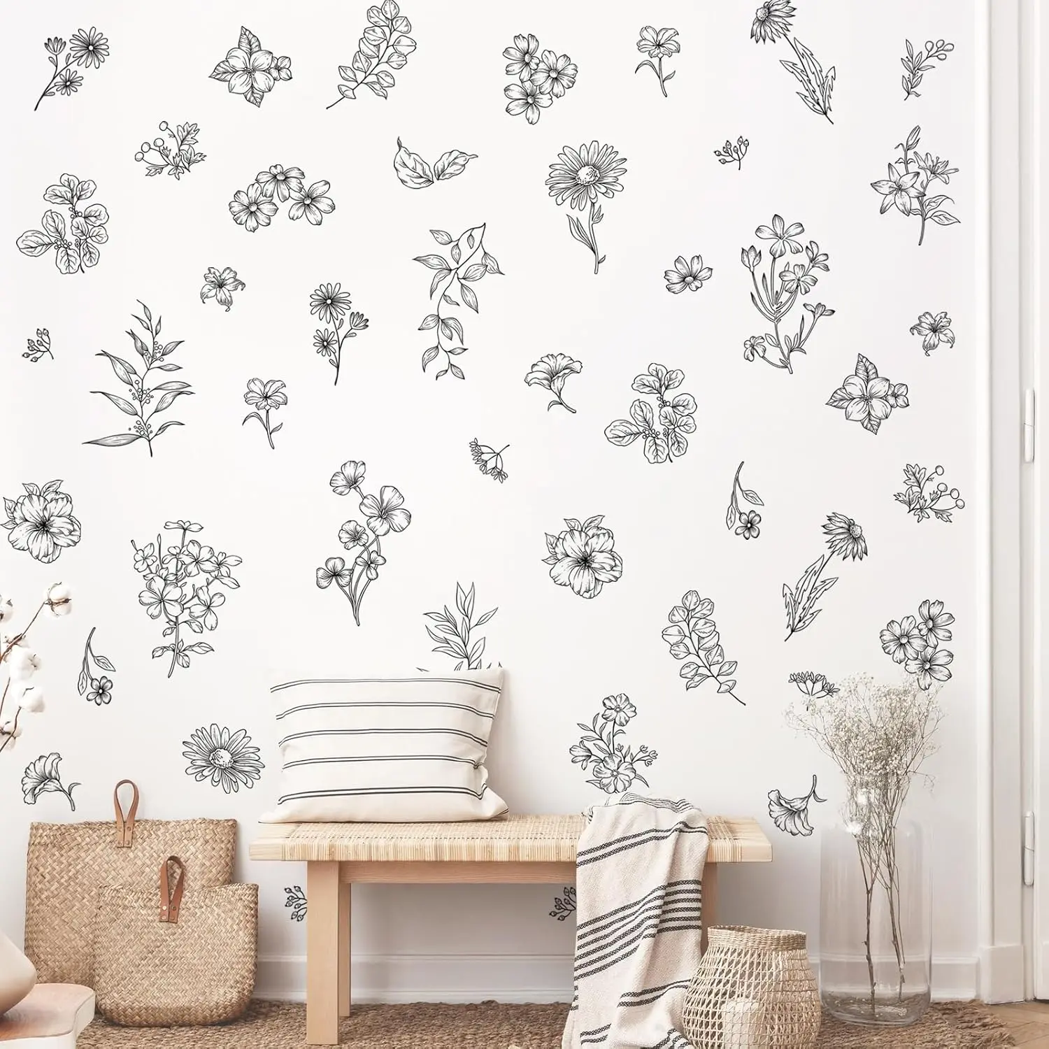 Black Flower Wall  Murals - 9 Sheets 67 count Wildflower Botanical  Wall Stickers Simple Line Art Peel and Stick Vinyl Sticker for Living Room Bedroom Sofa TV Backdrop Decor