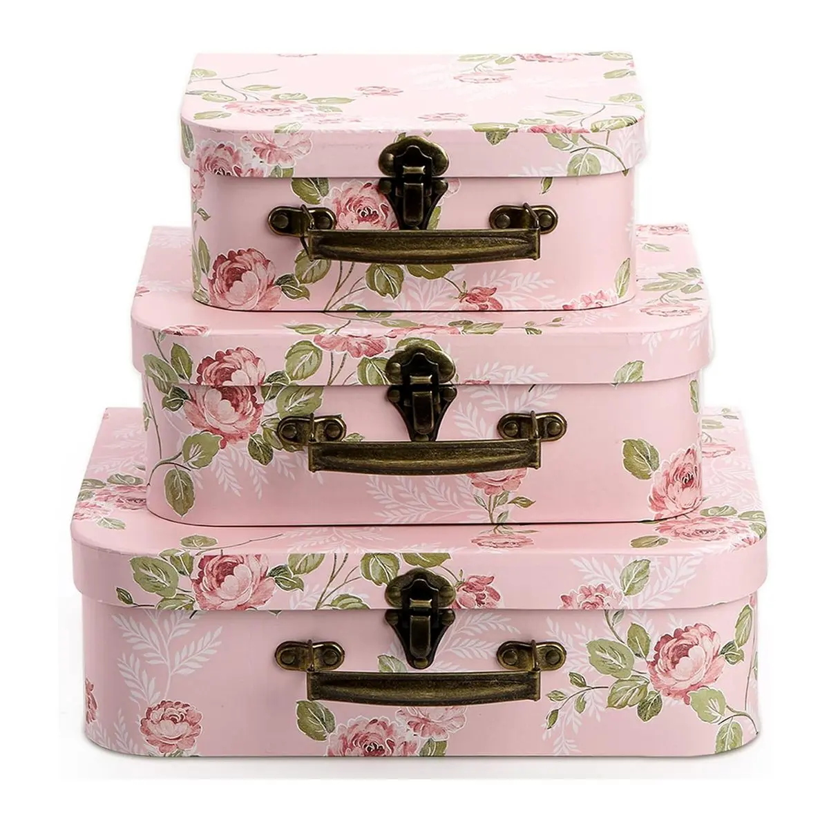 3 Pack Paperboard Suitcase Storage Boxes with Lids, Decorative Gift Boxes for Photos, Home Decor, Wedding, Birthday, Anniversary, Pink