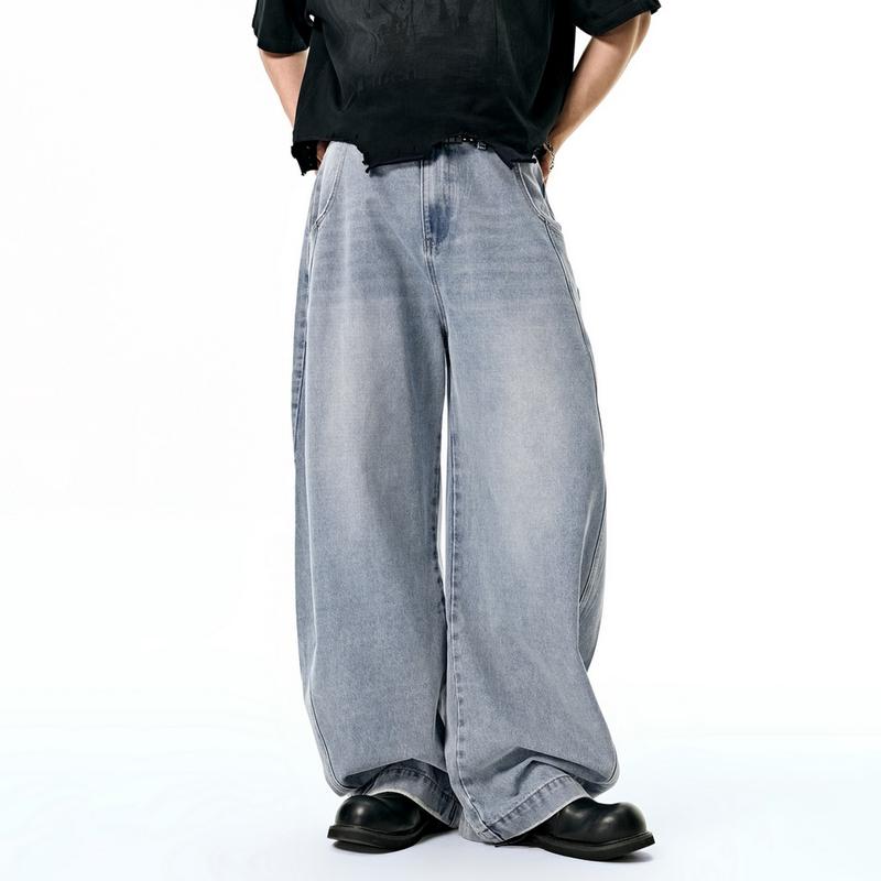 Inflation Baggy Washed Streetwear Wide-Leg Curved Blade Denim Pants Spring Summer New American Style Loose Fit Cargo Jeans Men's Casual Beige Plain Trousers with Pockets Pull On Valentine's Day