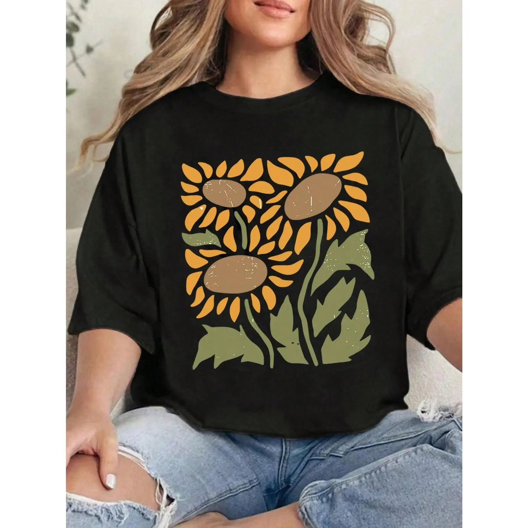 Plus Size Vintage Floral Shirt, Vintage Sunflower Shirt, Wild Flower T-Shirt, Bohemian T-Shirt, Botanical Print Shirt, Plus Size T-Shirt, Gift For Mom, Graphic Tee, Women Tops Casual Black Summer