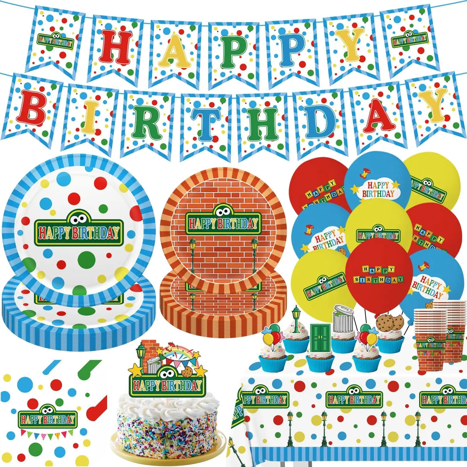 104 count Birthday Party Decorations Cute Theme Tableware Set Include 9 Inches Plates, 7 Inches Plates, Happy Birthday Banner, Ballons, Napkins, Cups, Tablecloth, Cake Toppers and Cupcake Toppers