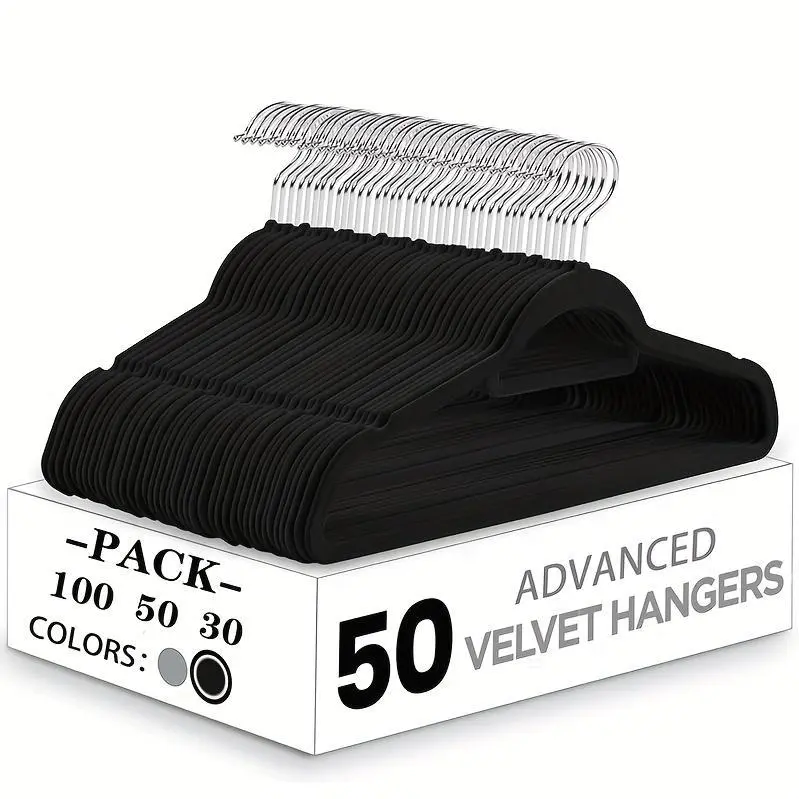 100/50/30pcs, Premium Velvet Non-slip Hanger with Tie Bar, 360° Swivel Hook, Space-saving, Durable, Suitable for Indoor Storage, Outdoor Drying, Clothing Display, Standard Hanger, Wardrobe Storage, Organization And Storage