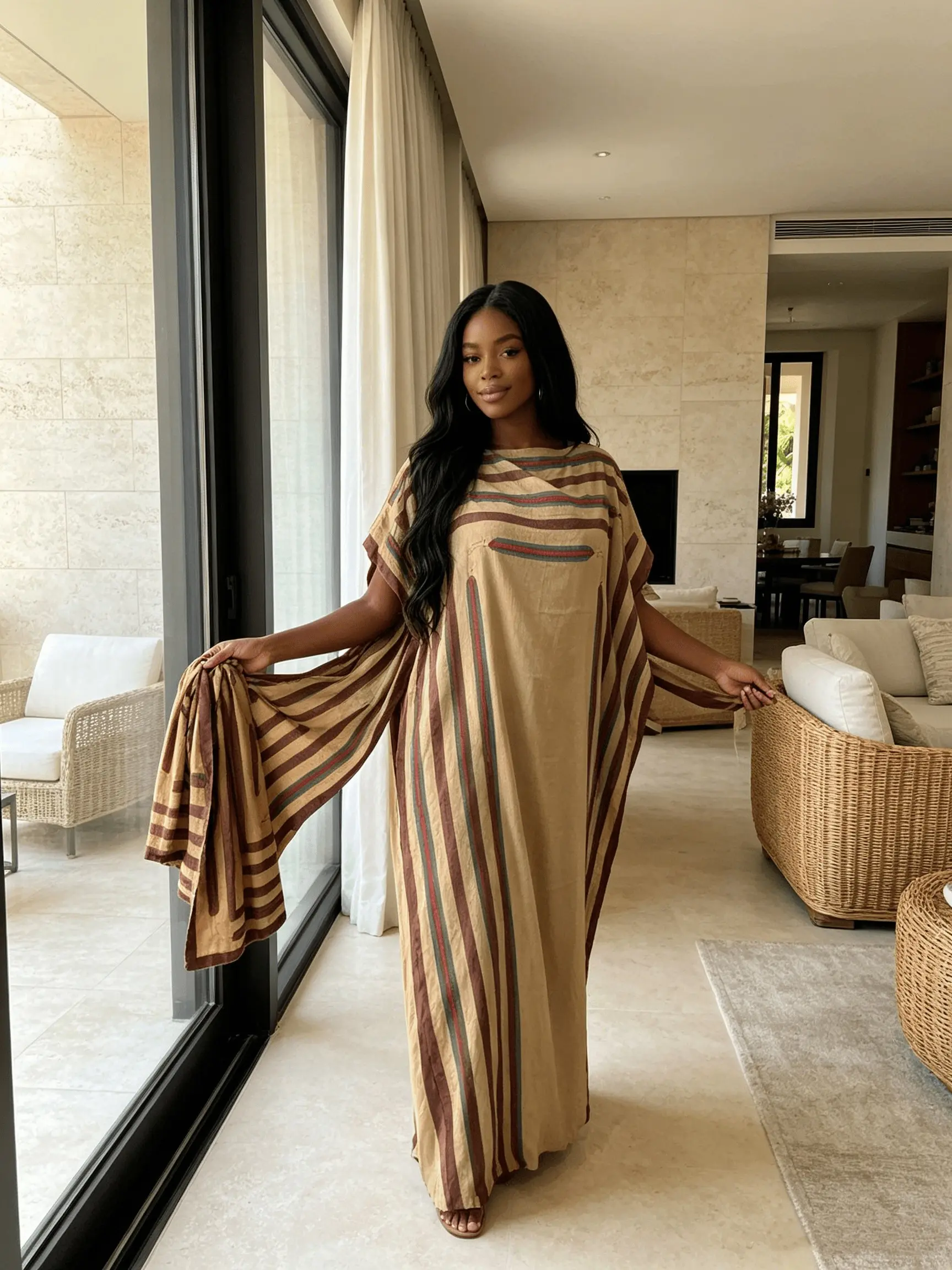 Women Oversized Neutral Khaki Brown Striped Caftan Maxi Dress Two Piece Outfit With Scarf, Loose Flowy Kaftan Robe, Curvy Friendly Plus Size Beach Cover Up, Luxury Satin Minimalist Resort Wear, Bohemian Lounge Night Gown, Summer Vacation Pool Robe, M