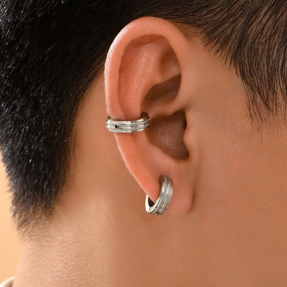 4pcs 316 Stainless Steel Korean Trendy Minimalist Non-Pierced Ear Clips & Titanium Ear Cuffs for Men, Frosted Finish, Suitable for Daily Wear & Parties