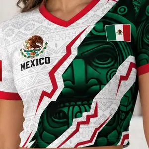Women's Jersey Crop Top Set - Aztec Eagle Sun Stone Design, 2026 Green White Red  Shirt, Cinco de Mayo Latin Pride Unisex Fan Gift, Summer Athletic Streetwear