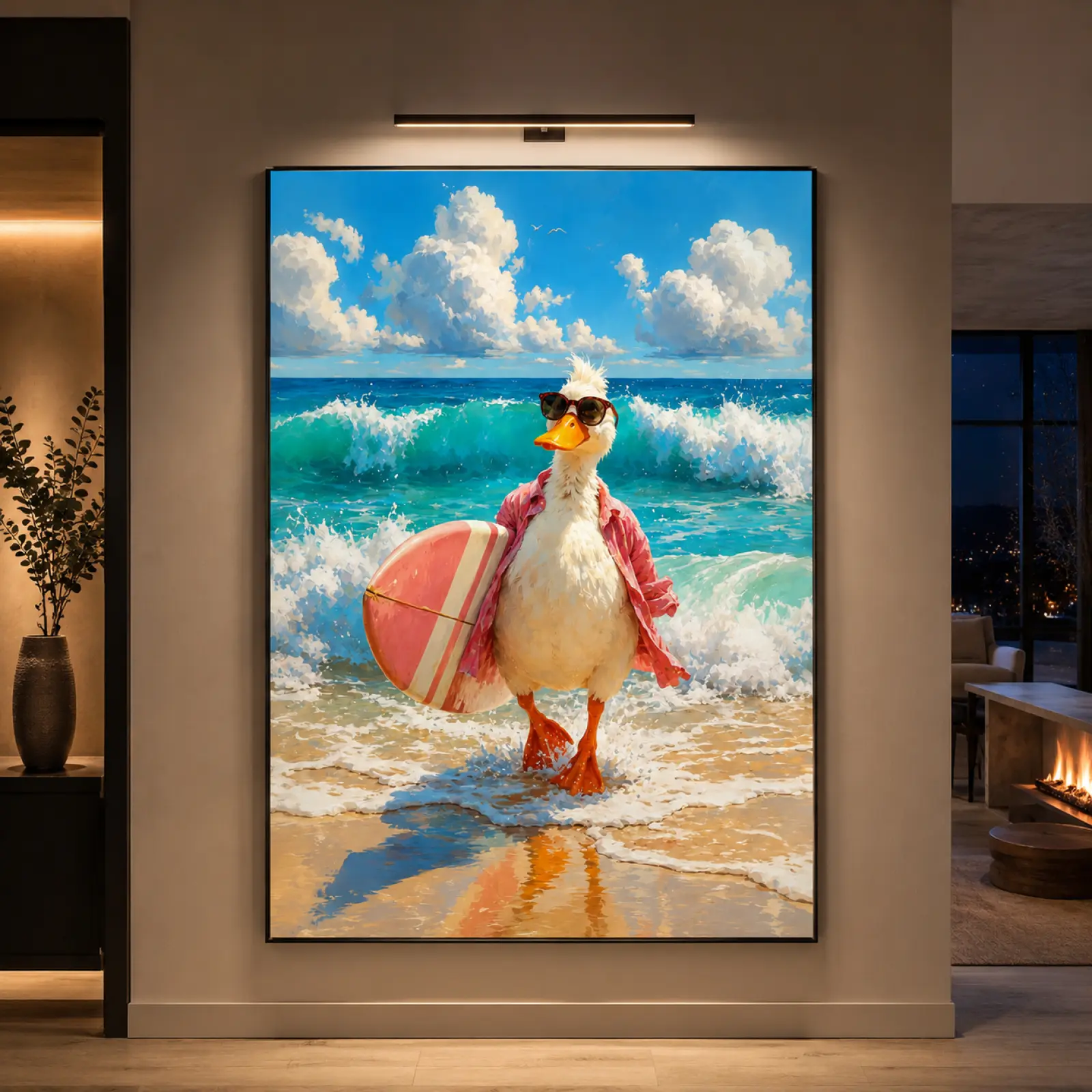 Cool Duck Surfer Canvas, Beach Scene Wall Art, Ocean Waves Painting, Fun Animal Decor, Summer Vibes Canvas, Coastal Home Decoration, Surfing Duck Poster, Beach House Decor, Funny Animal Wall Art, Ocean Lover Gift, Ready-to-Hang Artwork