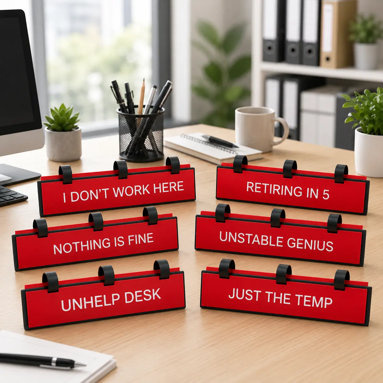 Funny Office Desk Sign with Interchangeable Plates — Sarcastic Snarky Nameplate, Hilarious Desk Decor & Gag Gift for Coworkers, Boss & Cubicle