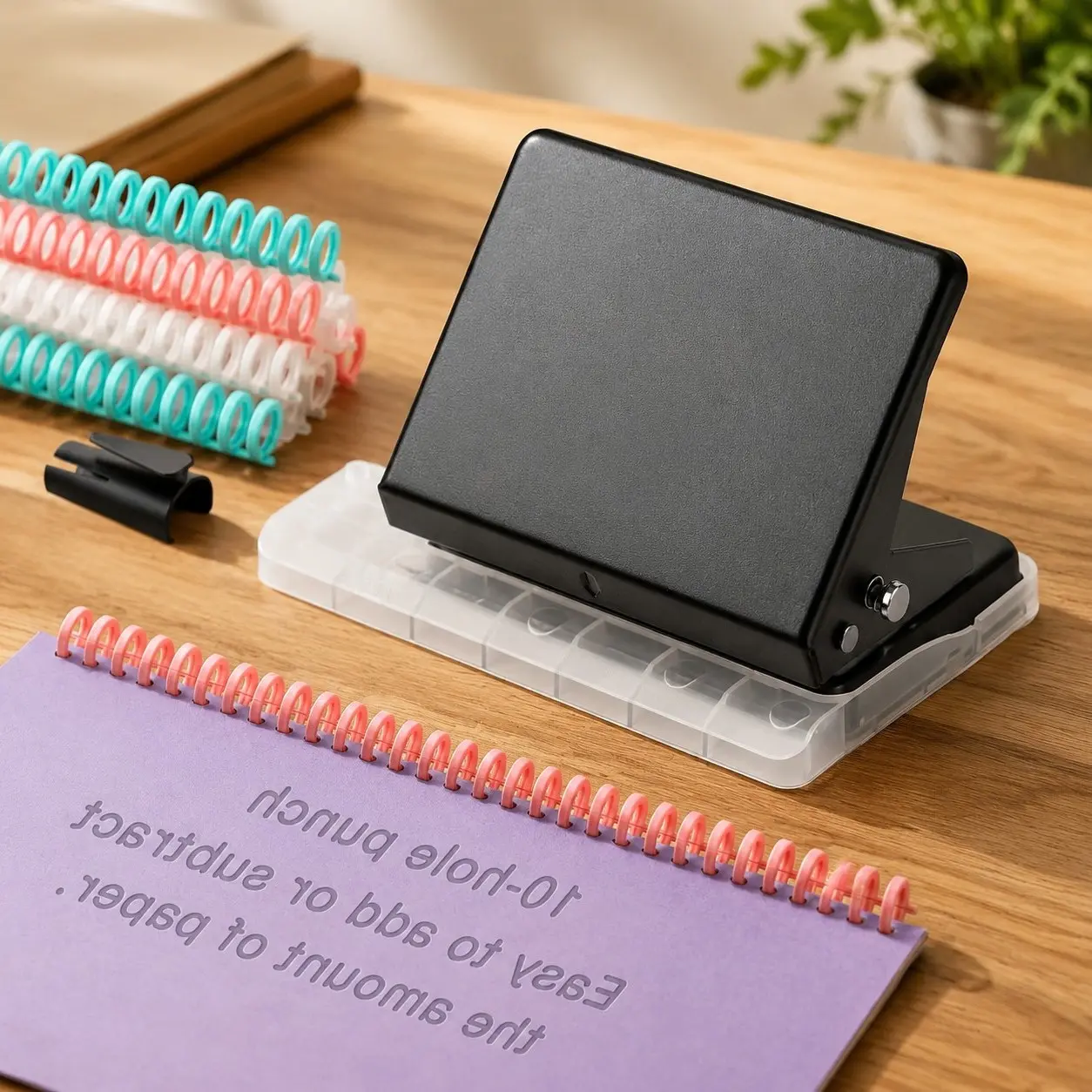 10-Hole Binding Machine for Planners - Metal Manual Binding System with 10 Multi-Color 30-Hole Loose Leaf Binding Spines - Punches 26 Holes on B5, 30 Holes on A4, 20 Holes on A5 Paper - BlackGift