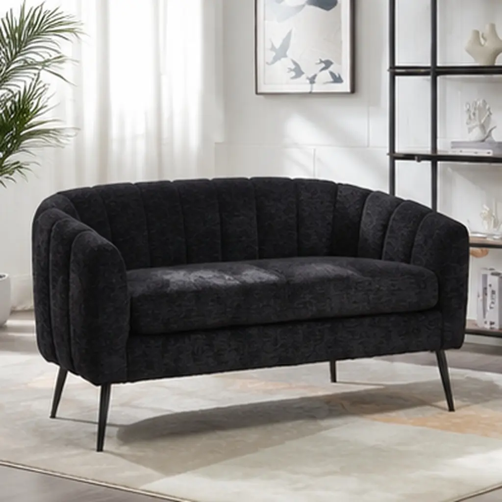 ARCH 50'' Wide Chenille Upholstered Mini Loveseat Settee - Modern Glam 2-Seater Accent Couch, Channel Tufted, Metal Legs, Adjustable ft, With Cushion, Solid Hue, Curved Silhouette for Living Room Small Spaces Black, Clean Aesthetic, Comfy Couch