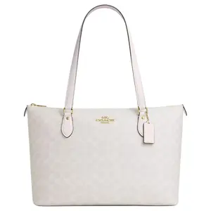 COACH Classic Monogram Canvas Tote Bag for Women, Large Chalk White Handbag