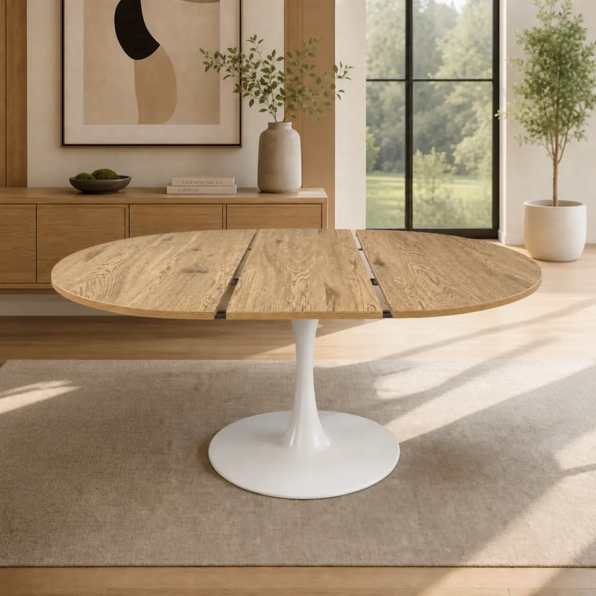57.87" Extendable Round Dining Table - 4-6 Seats, Modern Tulip Design, MDF Top, Metal Pedestal, Mid-Century Style for Small Spaces, Living Room Cafe (Natural)