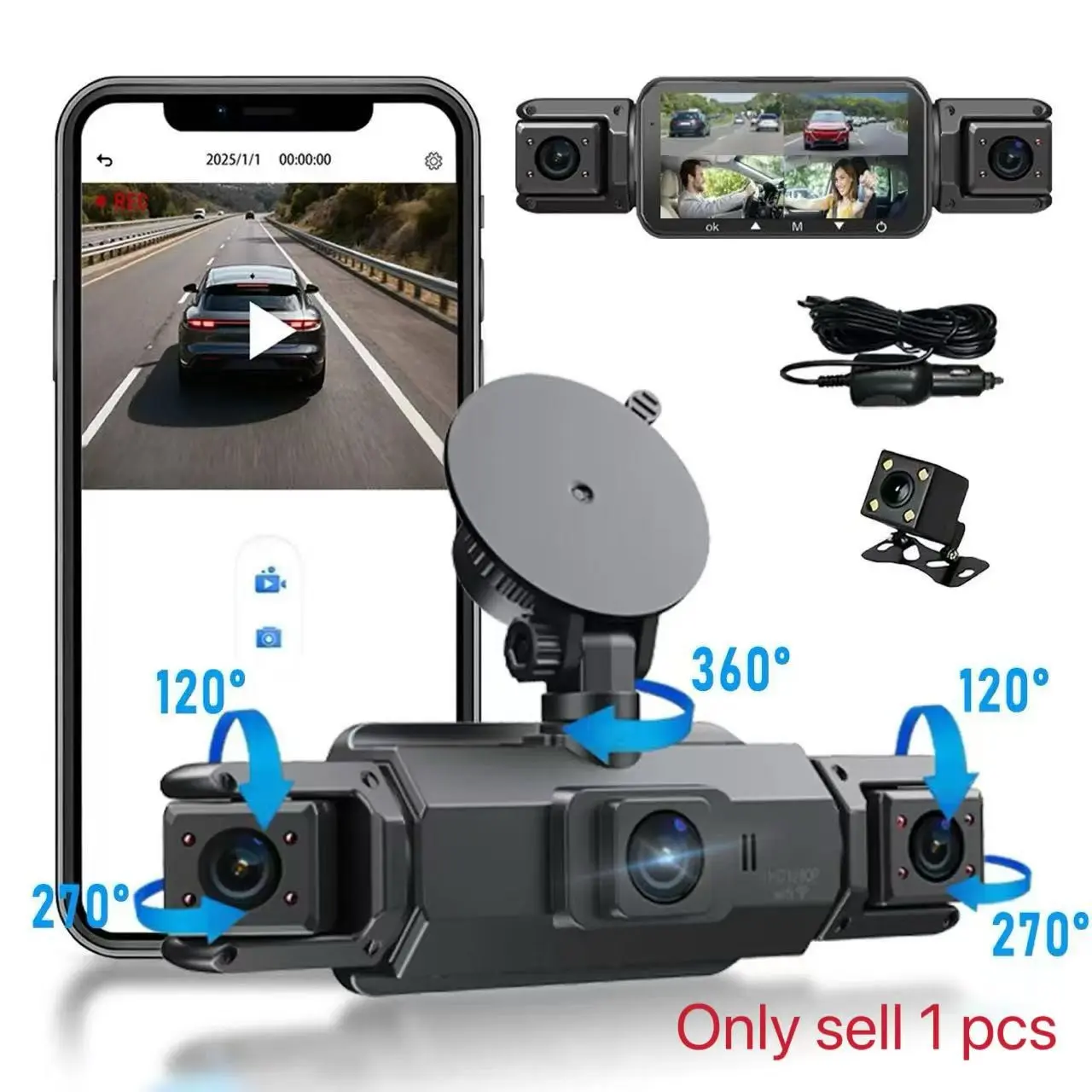 Four-Channel Dash Camera, Dashboard Camera, Car Dvr, Rear Backup, Four Lenses Sync Recording, 4-Inch Display, Wi-Fi, 64GB, Night Vision, Multi Camera Dashcam