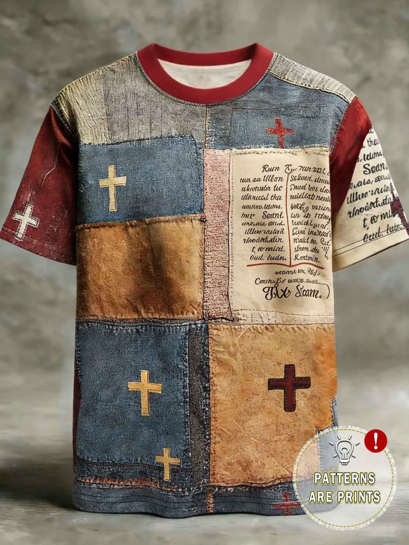 Vintage Patch Cross Pattern Men's T-Shirt, Retro Bible Manuscript Print Short Sleeve, Loose Faith Streetwear Top, Christian Casual Daily Wear