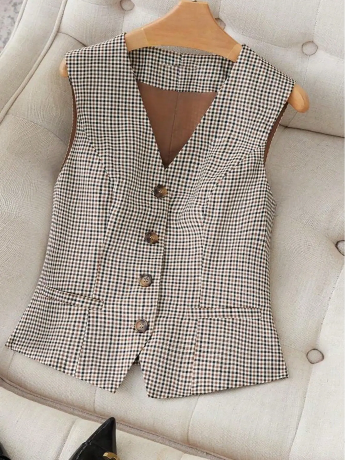 High-End Retro Vintage Houndstooth Women's Sleeveless Vest Cardigan, New Fashion Loose Fit Lightweight Casual Button Design, Winter Short Fitted Pattern Pro