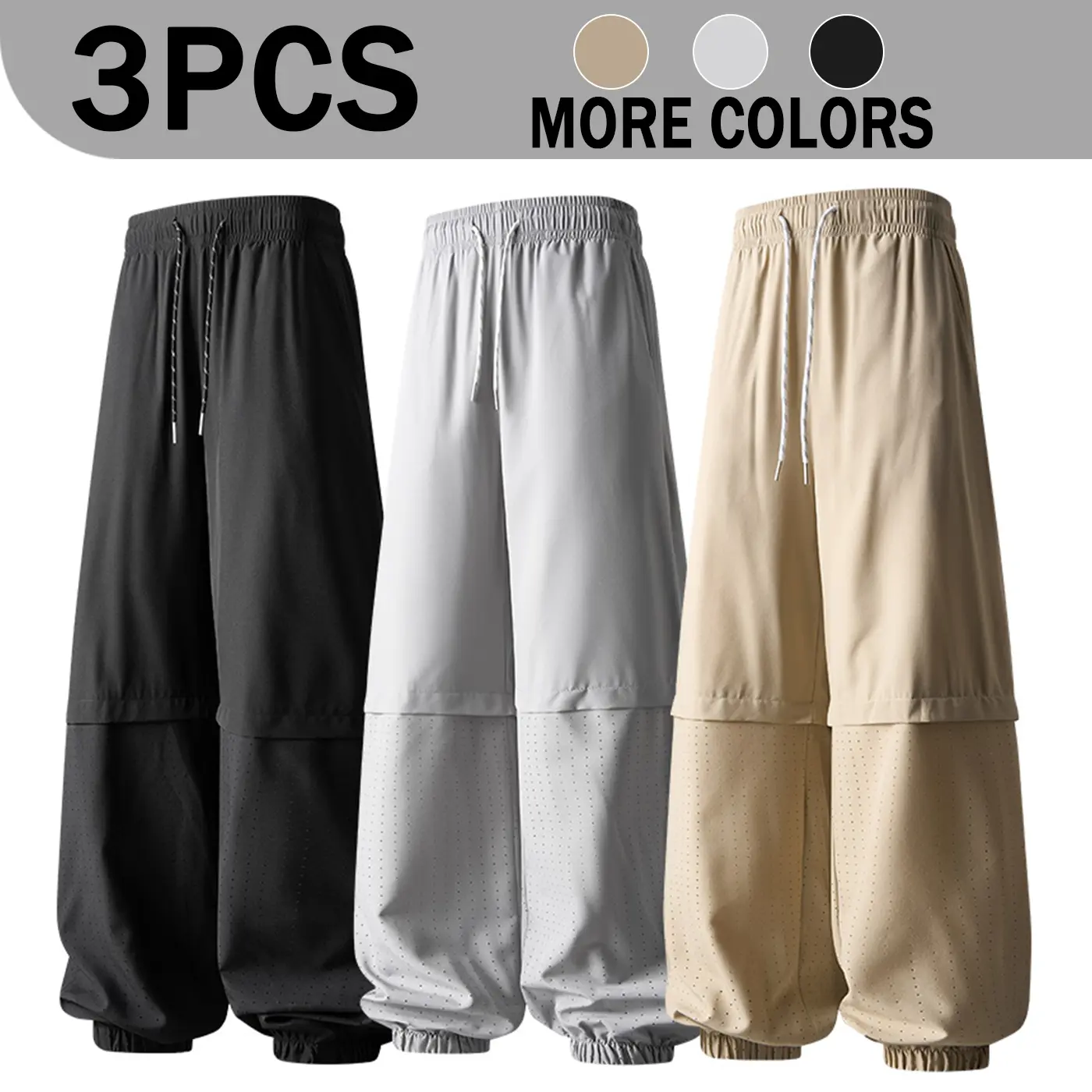 3PCS Men's Spliced Mesh Cuffed Jogger Pants, Drawstring Elastic Waist Breathable Perforated Mesh Splicing Loose Ankle Cuff Sweatpants, Lightweight High Stretch Sweat-Wicking Casual Sports Trousers For Outdoor Fitness Commute, More Colors Available