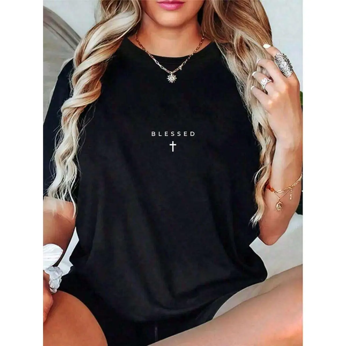 Women Cotton Casual Bless Subtle Christian Minimalist Religious Faith Tee for Women Inspirational Gospel Scripture Top Comfortable Praise God Crew Neck Short Sleeve Everyday Wear Modest Devotional Apparel