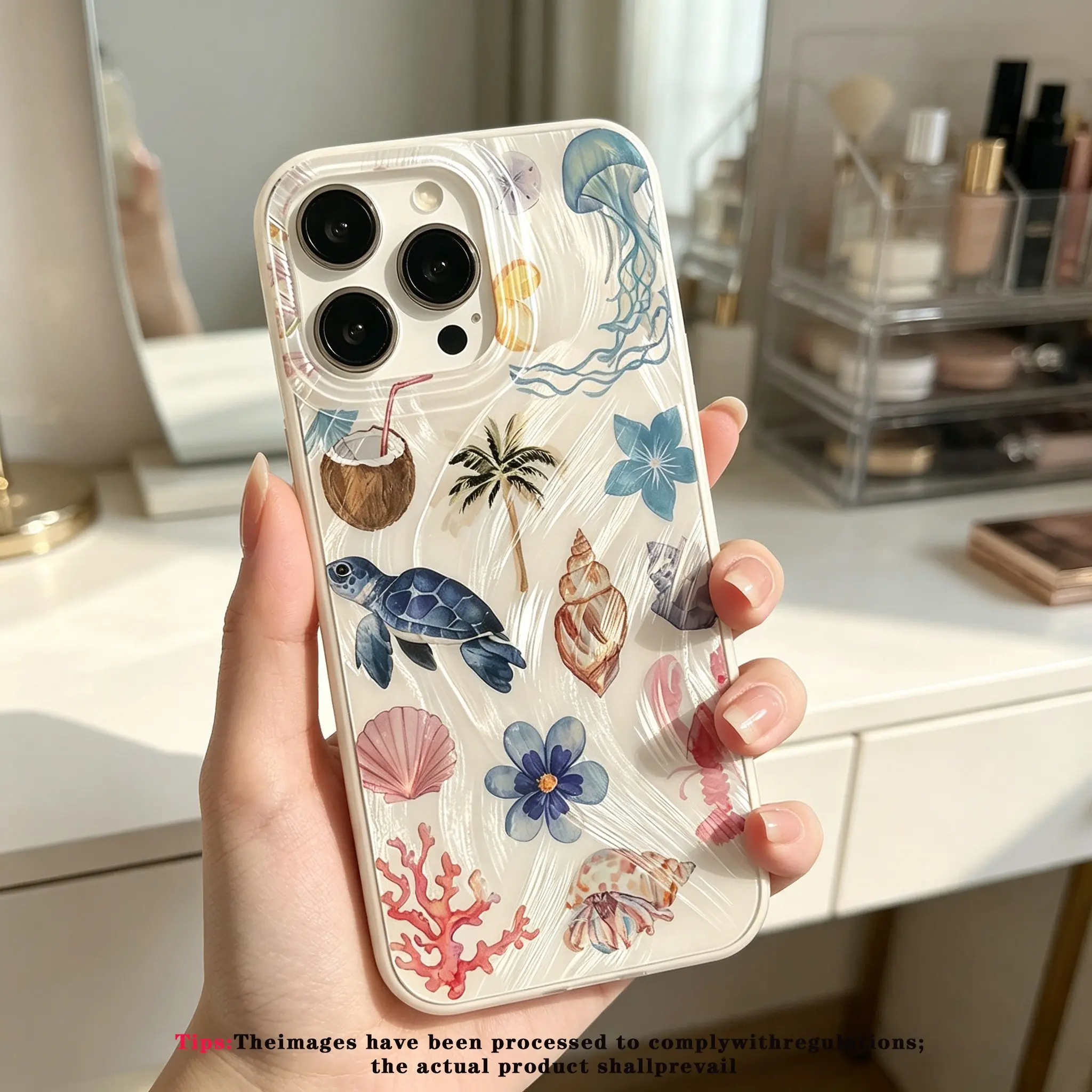 Silver Water Ripple Macaron Tropical Ocean Vacation Protective Phone Case, Transparent Full Cover Soft Shell, Anti-Scratch, Fits iPhone 11-17 Pro/pro Max