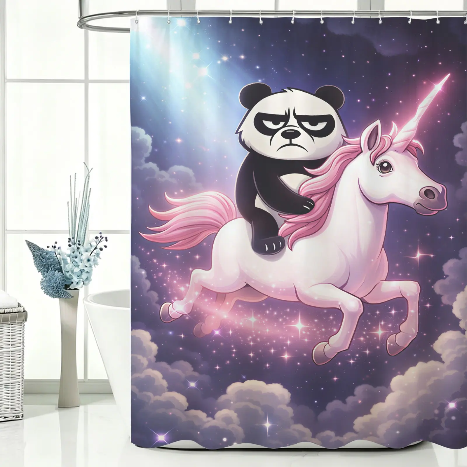 Funny Cool‑Faced Cartoon Panda Riding Unicorn Print Waterproof Shower Curtain, 12 Hooks Included, Bathroom Dry‑Wet Separation, Multi‑Color Options, Great Back‑to‑School Bathroom Gift