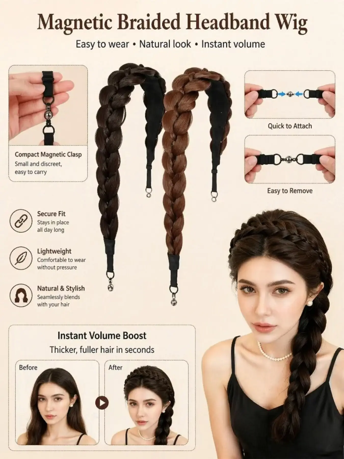 New Magnetic Herringbone Braided Headband Wigs, Synthetic Headband Wig in a Variety of Colors, Twisted Braids, Long Braids for Volume, Headbands
