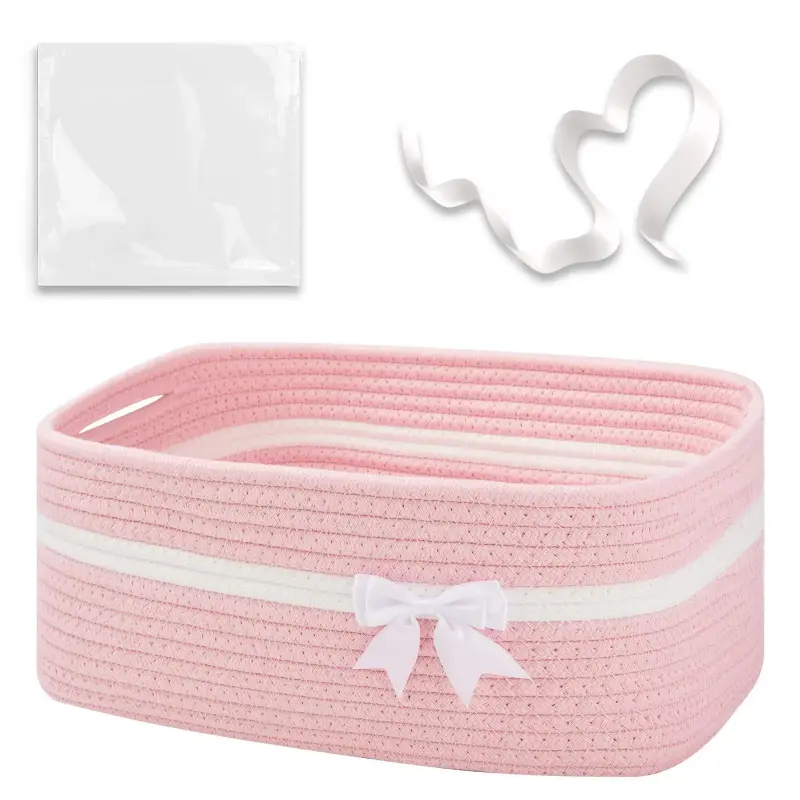 Large Cotton Woven Basket with Hidden Handles - Home Supplies Storage Organiser for Family, Pink Gift Bow Basket with Gift Bags & Ribbons for Baby Showers, Bathroom Clothes & Pet Storage