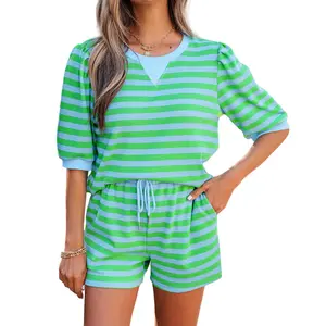 BF Women's 2-Piece Green Stripe Puff Short Sleeve T Shirt Matching Shorts Set Summer Lounge Outfit