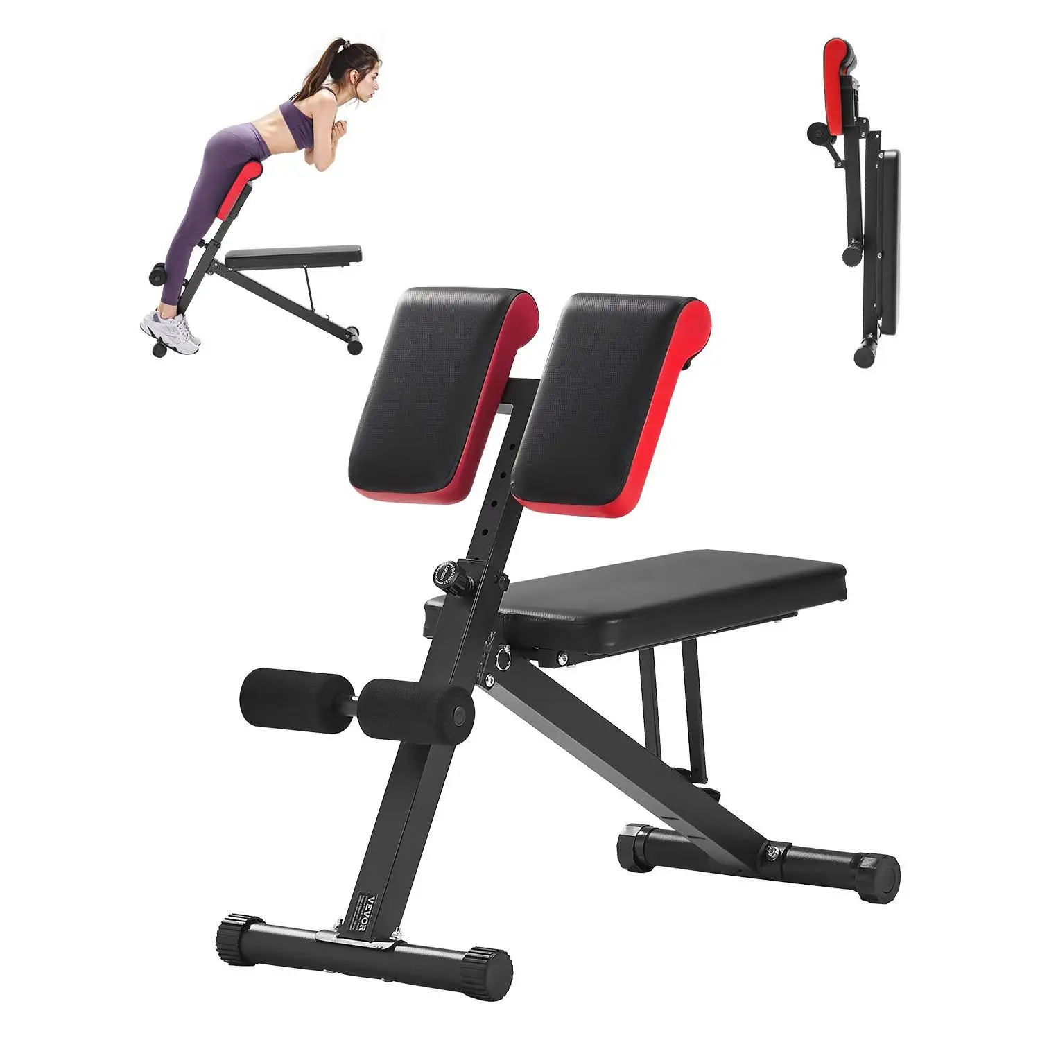 VEVOR Carbon Steel Multi-Functional Weight Bench - Detachable Back Pad, 330 lbs Adjustable Foldable Space-Saving Home Gym Equipment, Roman Chair Hyperextension for Full Body Back Arm Core Ab Sit-Up Workouts