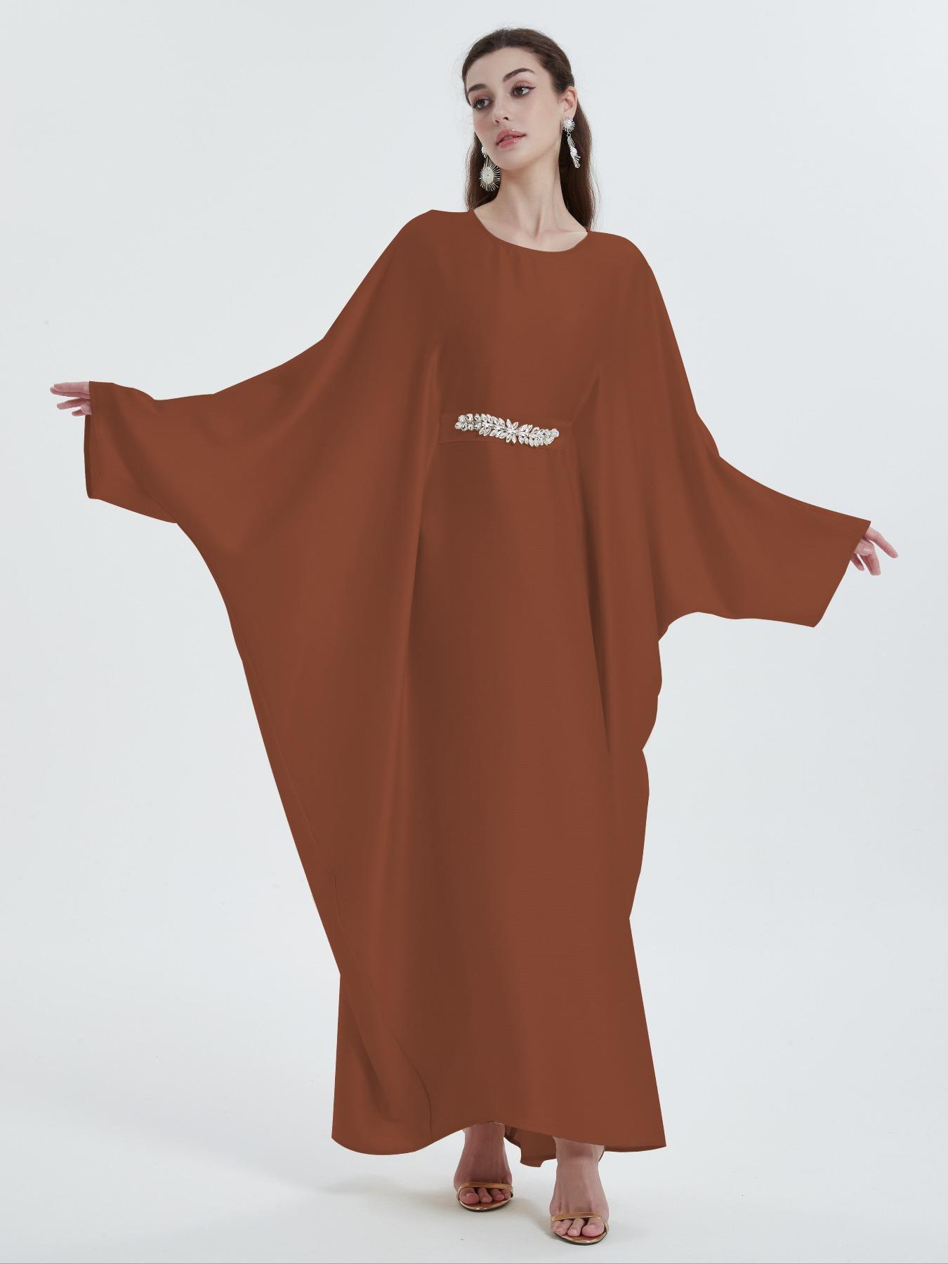 Women's Plain Rhinestone Decor Batwing Sleeve Kaftan Dress, Elegant Modest Maxi Dress for Party Wedding Guest, Dresses for Women, Ladies Longsleeves Dress, Minimalist Womenswear, Modest Clothes for All Seasons, Formal Dress Hides Tummy, Gown
