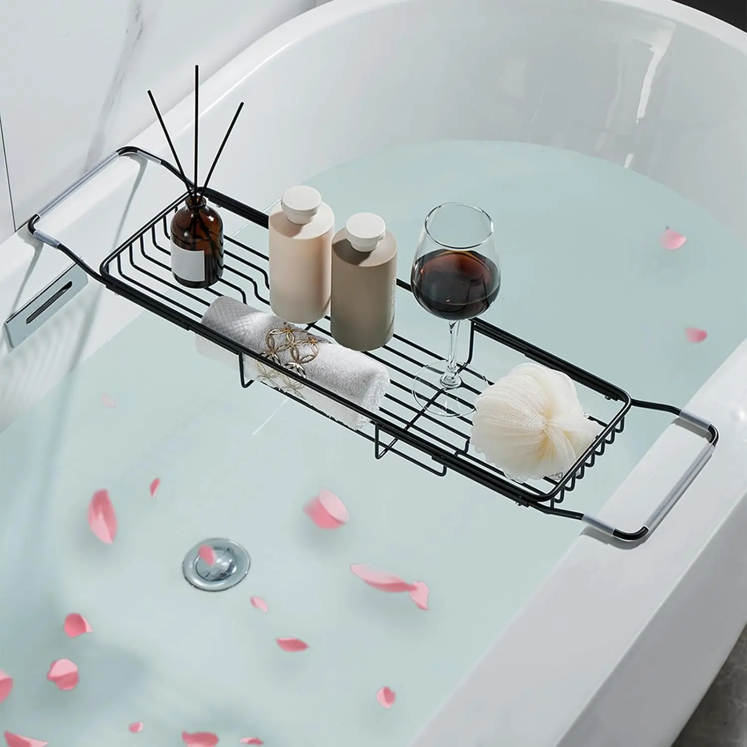 Stainless Steel Expandable Bathtub Caddy Tray Adjustable Bathroom Organizer Tub Shelf Black 26.8~35.4in