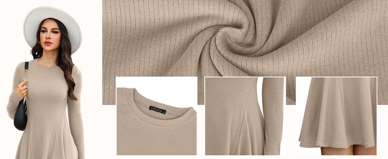OFEEFAN Sweater Dress for Women Fall 2025 Long Sleeve Crew Neck Ribbed Knit Fit and Flare A-Line Dresses