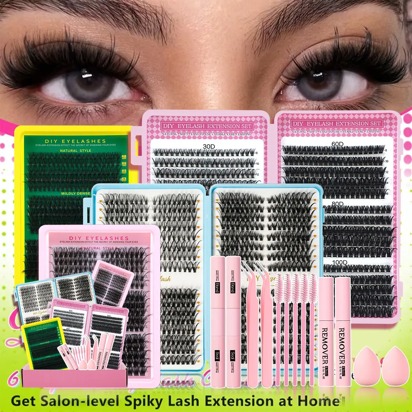 Mixed Length Individual False Eyelashes Kit, Natural Look Eyelash Extensions with Lash Bond & Seal & Remover & Tweezers & Brush & Makeup sponge, Self Grafting Curvature Eyelashes, Eye Makeup Enhancement False Eyelashes, Diy Lashes Cluster, Cosmetic