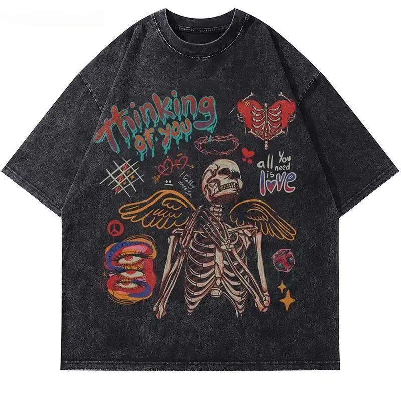 Women's Trendy Graphic Tops, Vintage Washed Cotton Tee with Skull Heart Graphic and Ribbed Crewneck, Oversized Punk Streetwear, Casual, Fabric, Classic