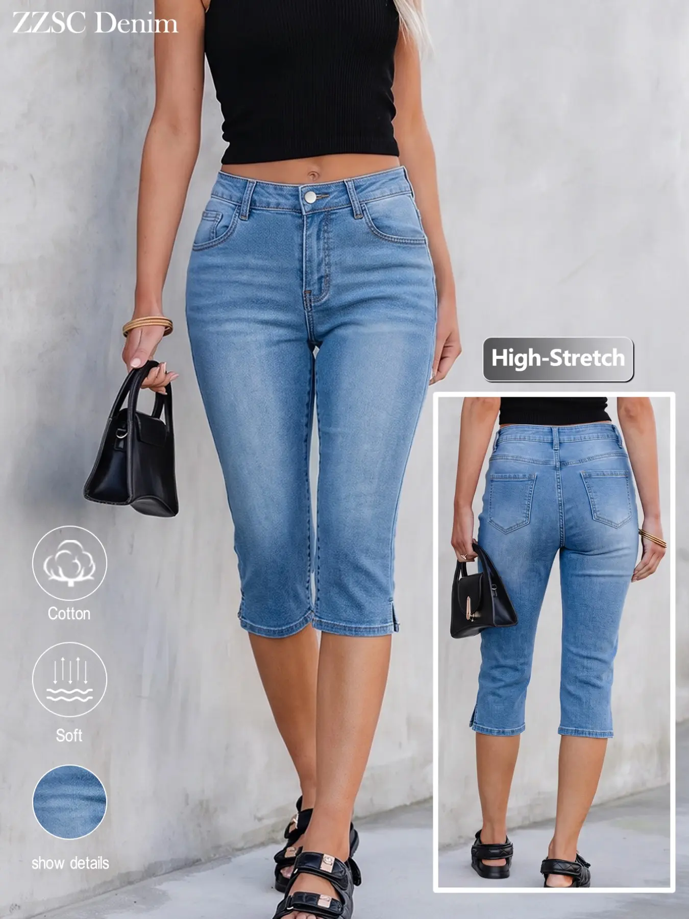 Women's Light Blue Low Rise Fitted Seven-Eighths Jeans, High Elastic Split Leg, Versatile Summer Thin Denim Shorts
