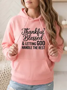 Women's fashionable hoodie with JHANKBUL BLESSED letter print on the front, with kangaroo pockets and long sleeves. Suitable for women's casual wear, outings, parties in autumn and winter.