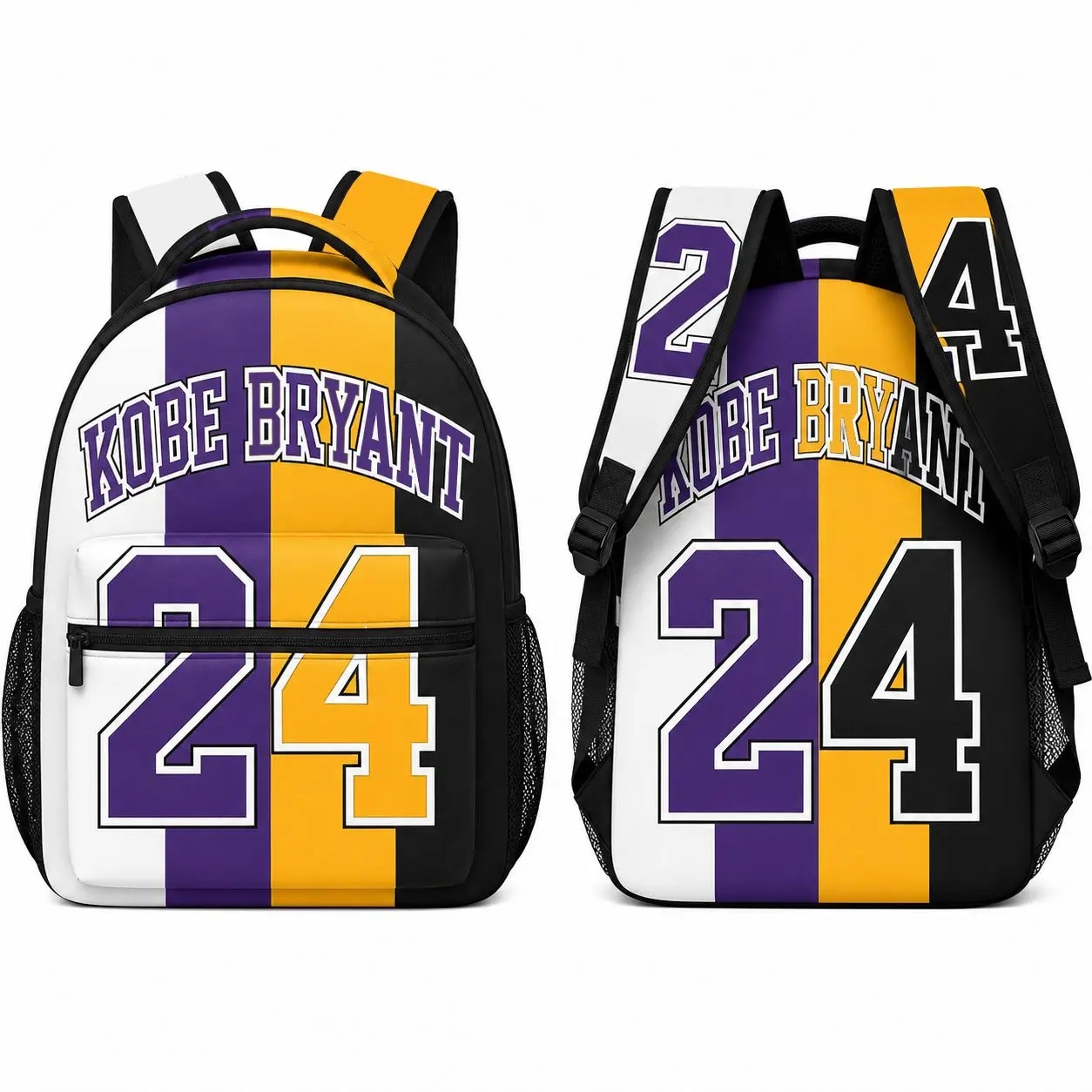 Purple Gold Number 24 Basketball Backpack for Kids Teens, Black White Color Block Varsity Jersey Style School Bookbag with Front Zipper Pocket, Dual Mesh Side Pockets and Top Handle, Student Daypack for Boys Girls, Back to School, Classroom and Travel