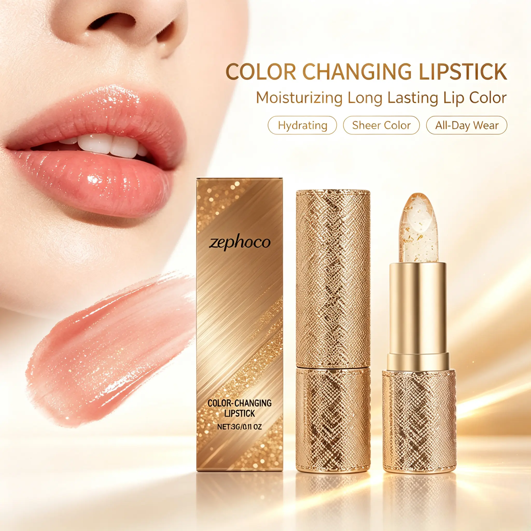 Gold Flake Color Changing Lipstick Balm, Moisturizing PH Temperature Change Lip Gloss, Long Lasting Hydrating Clear Jelly Lip Makeup for Women