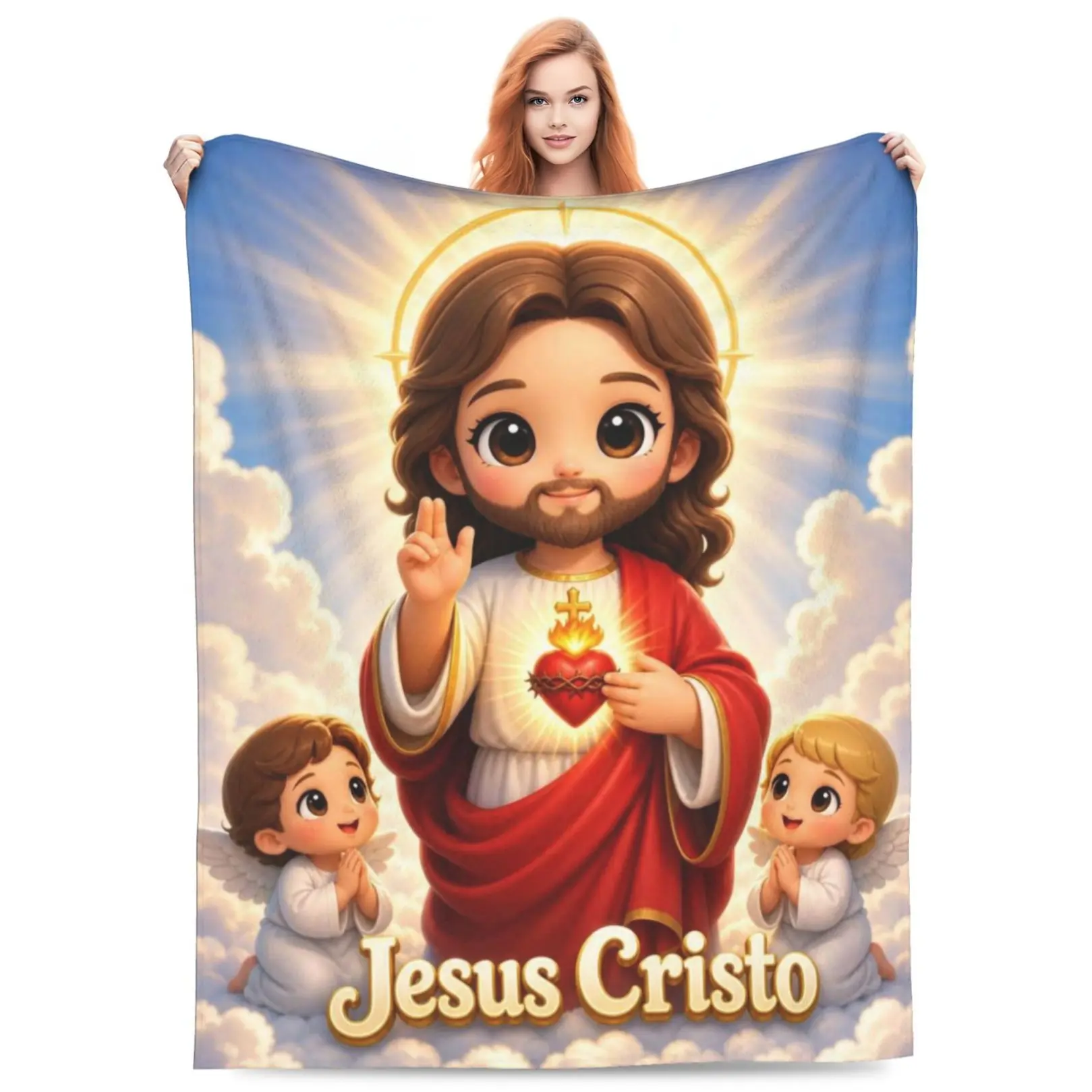 Cute Jesus Cristo Sacred Heart Angel Cartoon Flannel Throw Blanket Christian Faith Cloud Sky Print Soft Lightweight Warm Blanket For Sofa Bed Bedroom Travel Easter Christmas Holiday Gift For Spanish Christian Families Kids Religious Believers Faith