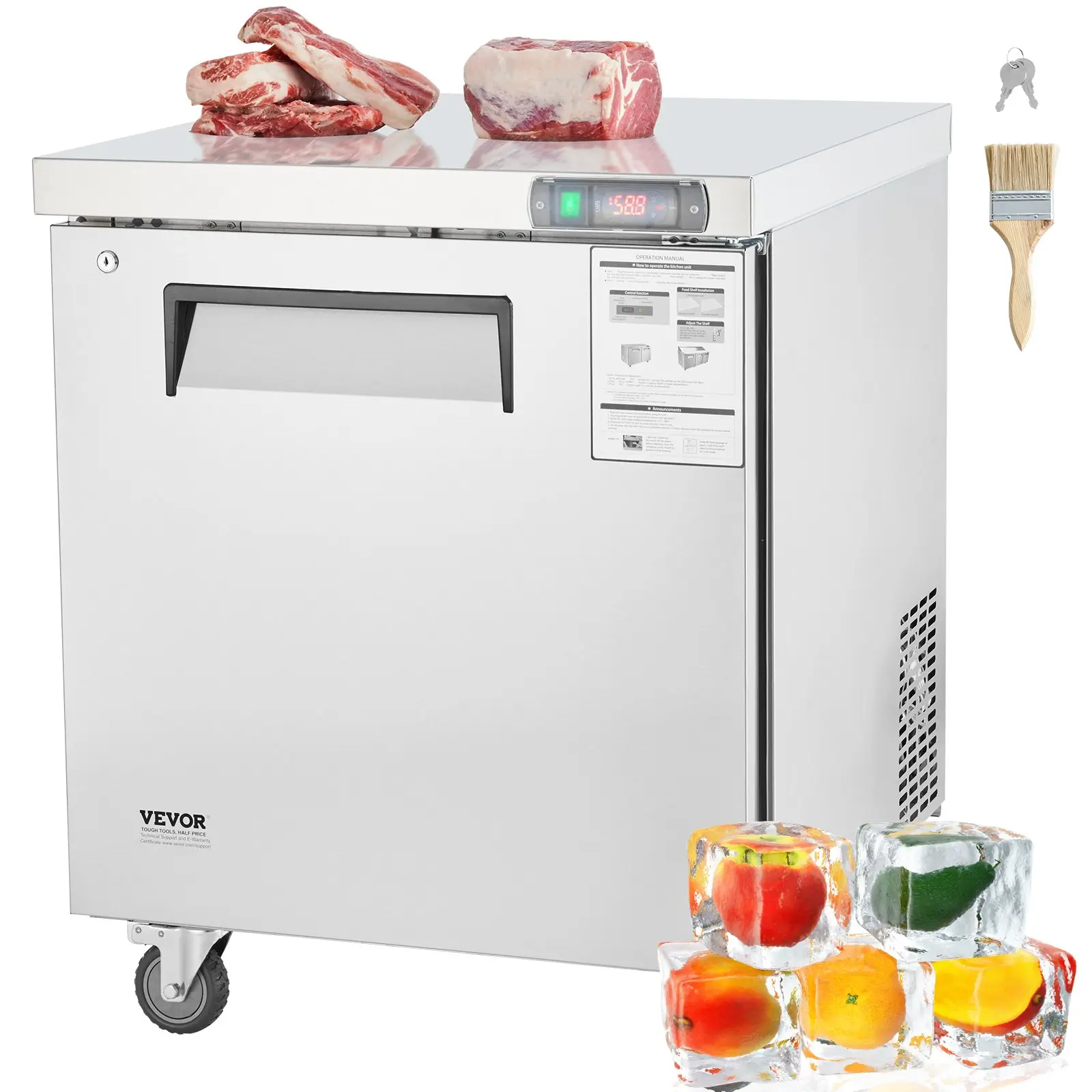 VEVOR 28" Commercial Frozen Refrigerator Sandwich Salad Prep Table, 7.4 Cu. Ft Stainless Steel Refrigerated Food Prep Station with 1 Door, Frost Free Refrigerator with Lock for Restaurant, Bar