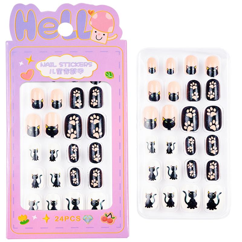 24Pcs/Box Children False Nails Kids Cartoon Girl Press on Nail Short Artificial Fake Nail Safe Full Cover Acrylic Nail Tips Kits