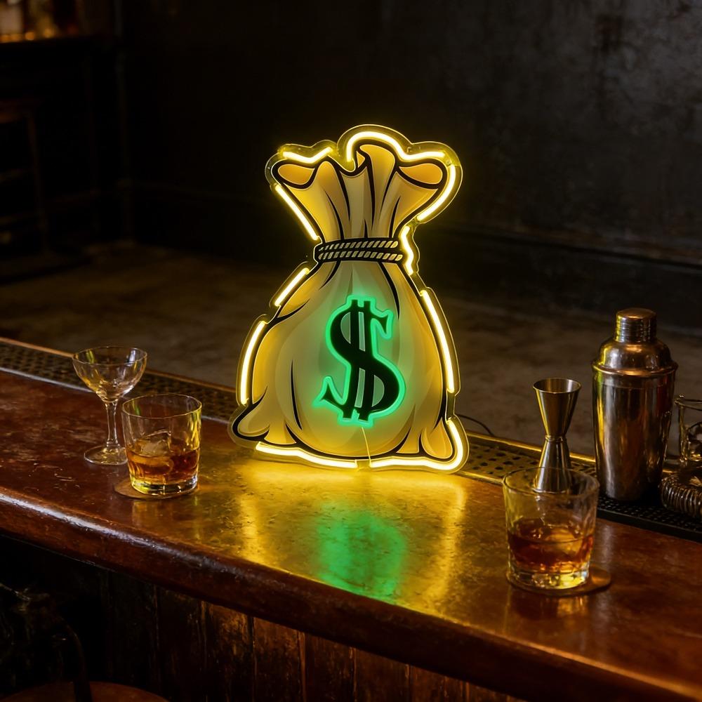 Money Bag Dollar Sign Neon Sign, USB Powered Dimmable Warm Yellow Green LED Neon Light, Money Themed Wall Decor for Man Cave Bar Game Room Office, Wealth Motivational Gift for Entrepreneurs Gamers Guys, size: 40 x 27 cm