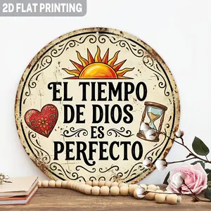 20cm/8*8in ,30cm/12*12in Vintage Spanish "El Tiempo De Dios Es Perfecto" Round Aluminum Sign, 2D Flat Inspirational Religious Wall Plaque, Pre-Drilled Hanging Decor for Living Room Kitchen Coffee Shop Yard Garden Porch Indoor Outdoor, Christian Faith Gift